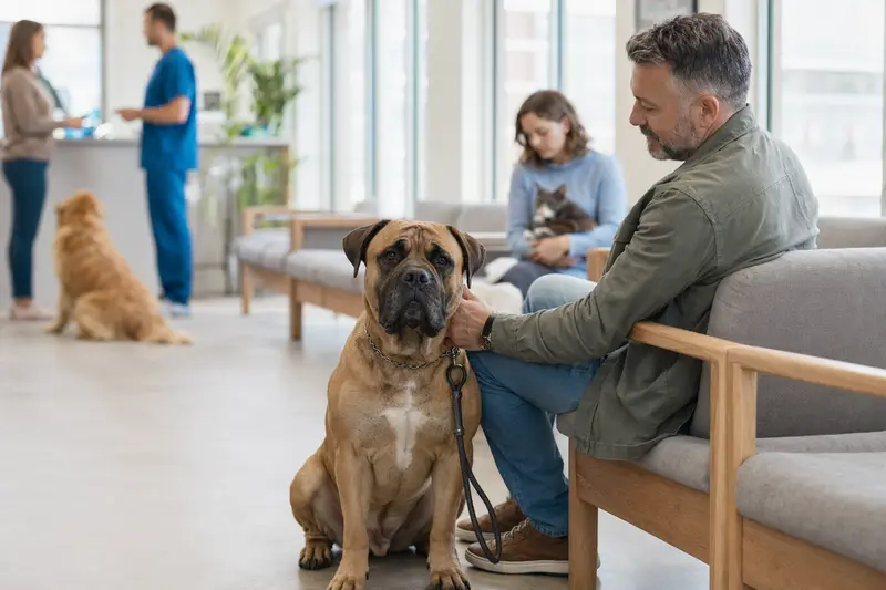 Ein Bullmastiff sitzt ruhig neben seinem Besitzer im hellen Wartezimmer einer modernen Tierarztpraxis.